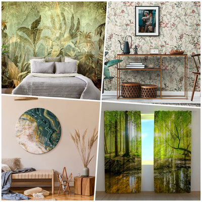 Choosing wallpaper, curtains and paintings in green colours