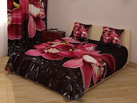 Bedspread with flowers - orchids on a black background