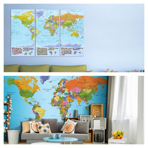 World maps in interior design - photo wallpapers, canvases and decorative boards