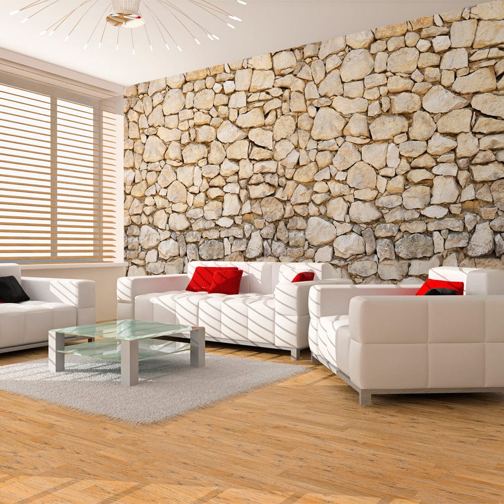 Large-format photo wallpapers with stone wall in interior