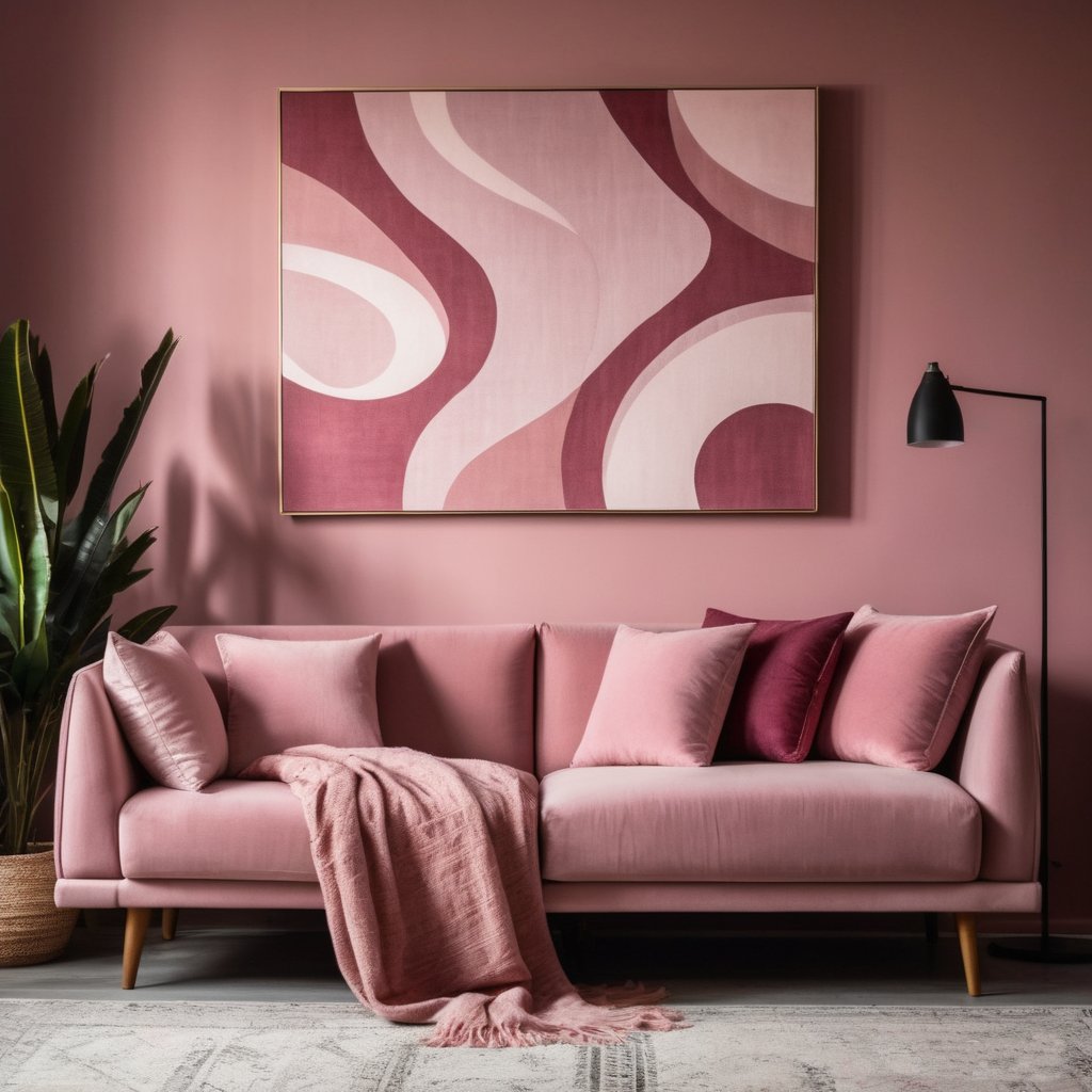 Pink colour in interior - wallpapers, paintings and home textiles