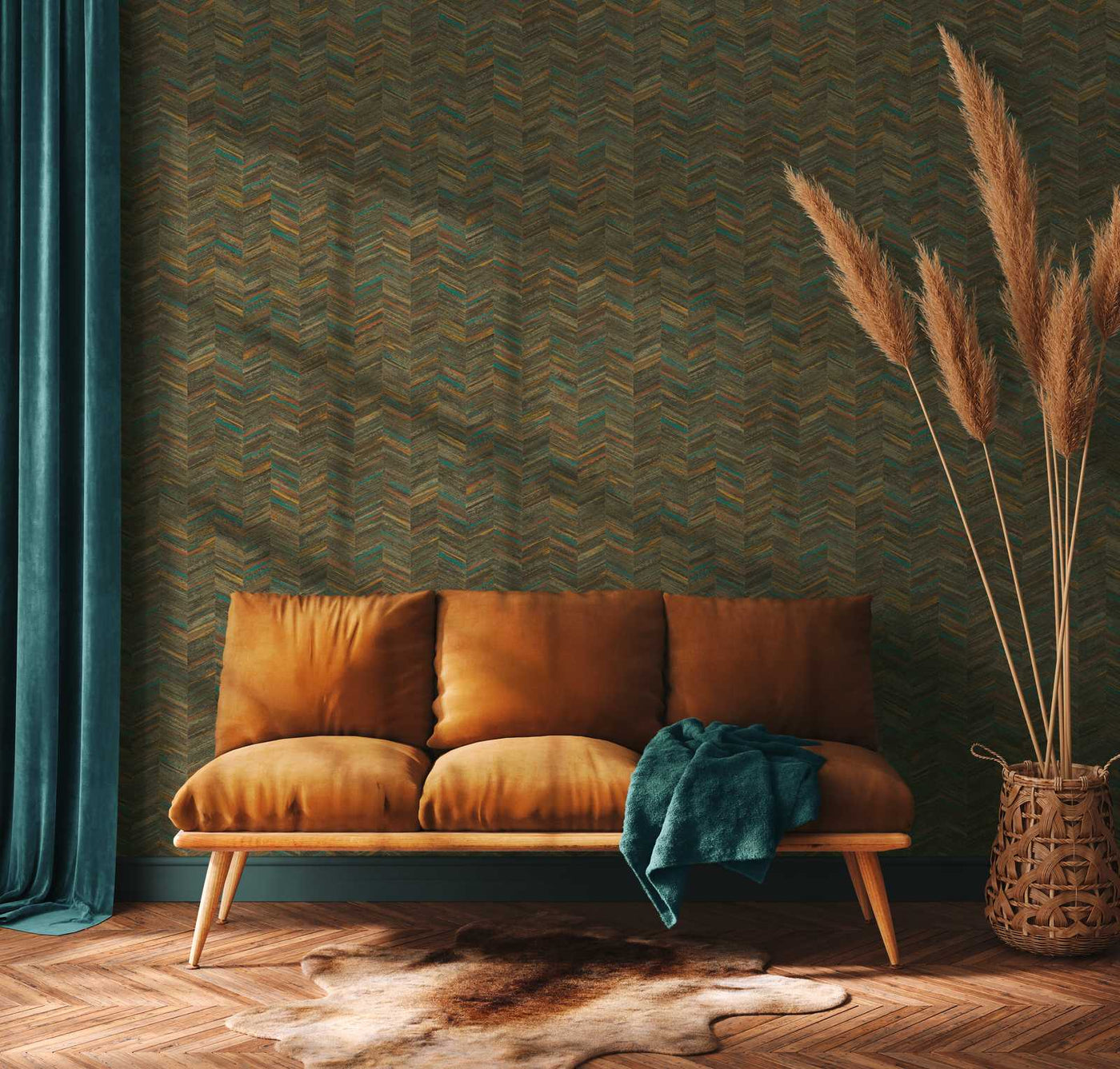 Wallpaper with ethnic and geometric patterns in natural shades