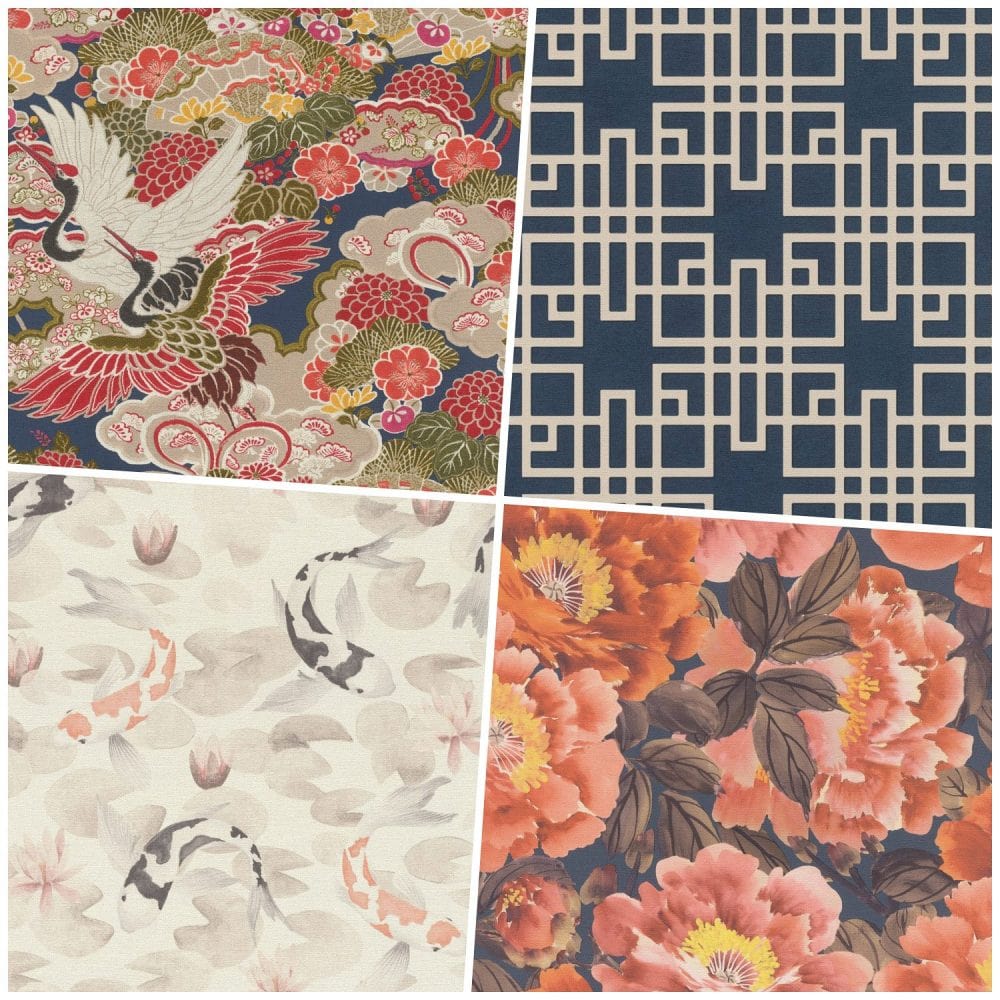 Wallpapers in Japanese style with prunes, koi carp, bright flowers and an ornament on a blue background