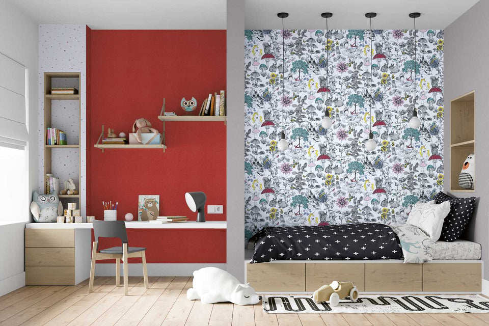 Wallpaper in a children's room with pattern and monochrome red color