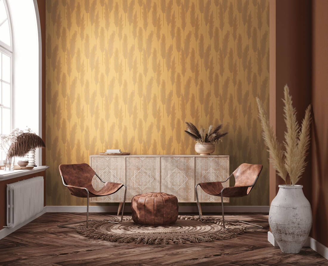 Wallpaper with natural motifs and natural texture