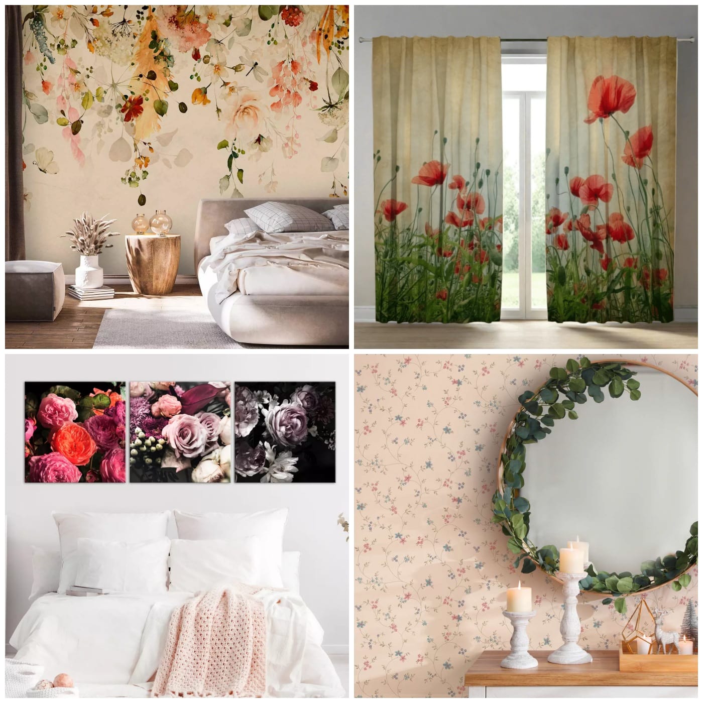 Wall Murals, wallpapers, paintings and curtains with floral prints 