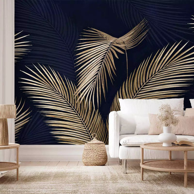 Large-format photo wallpapers - Golden palm leaves on a dark blue background, 146417