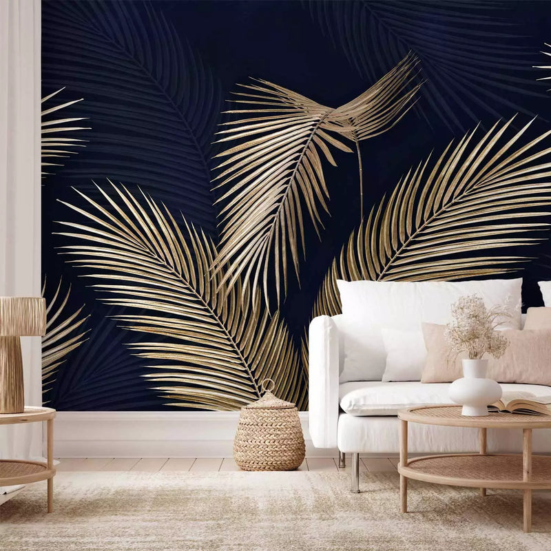 Large-format photo wallpapers - Golden palm leaves on a dark blue background, 146417