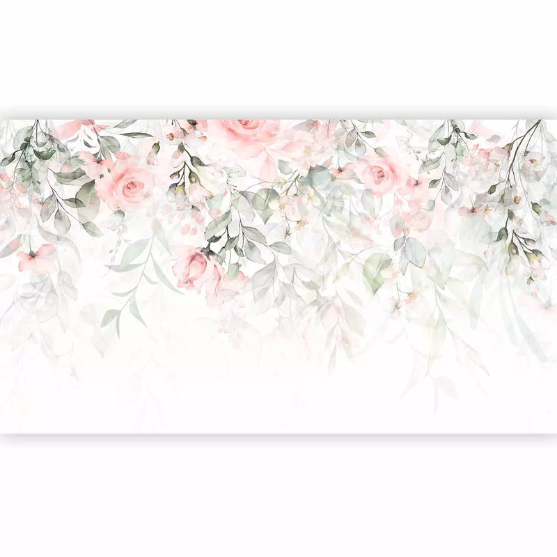 Large-format photo wallpapers - pink flowers and green leaves on a white background, 146418