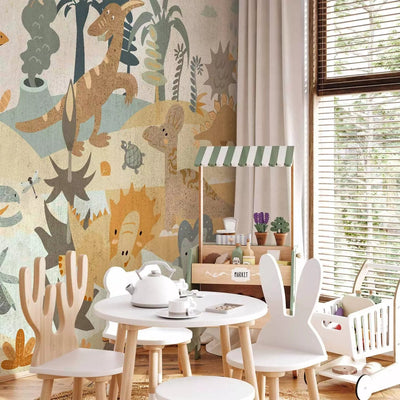 Cheap Wall Murals for children's room - fun dinosaurs in pastel colors, 350x256 cm G -art