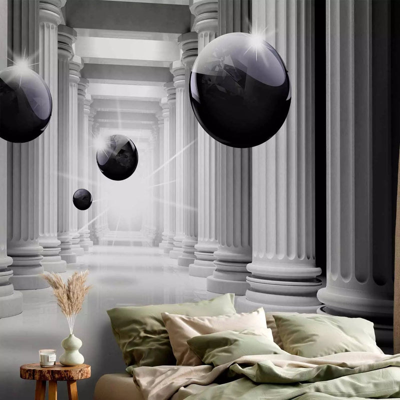 3D dotowallpaper - white corridor with columns and black spheres - 66186G-ART