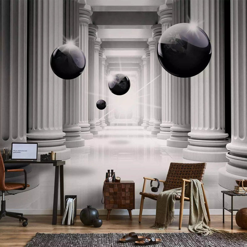 3D dotowallpaper - white corridor with columns and black spheres - 66186G-ART