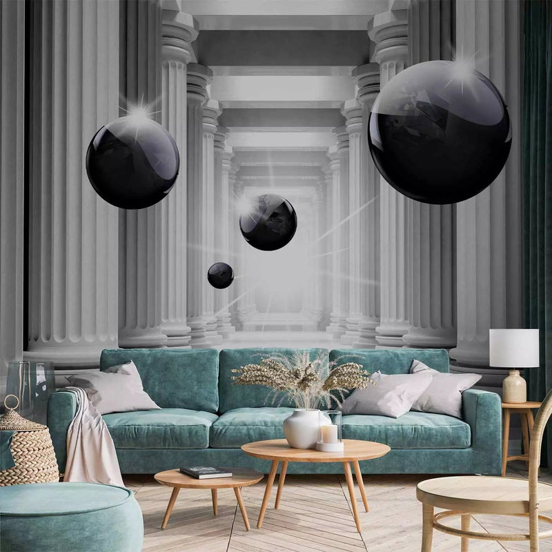 3D dotowallpaper - white corridor with columns and black spheres - 66186G-ART