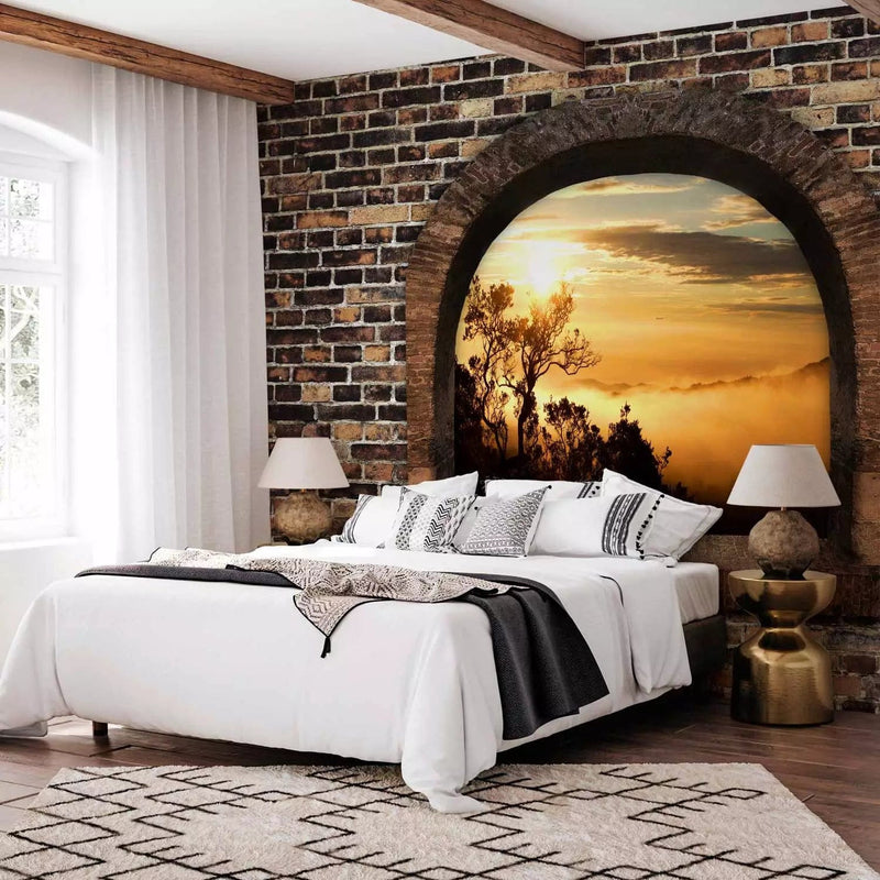 3D Wall Murals with perspective - Stone window: morning fog, brownG-ART