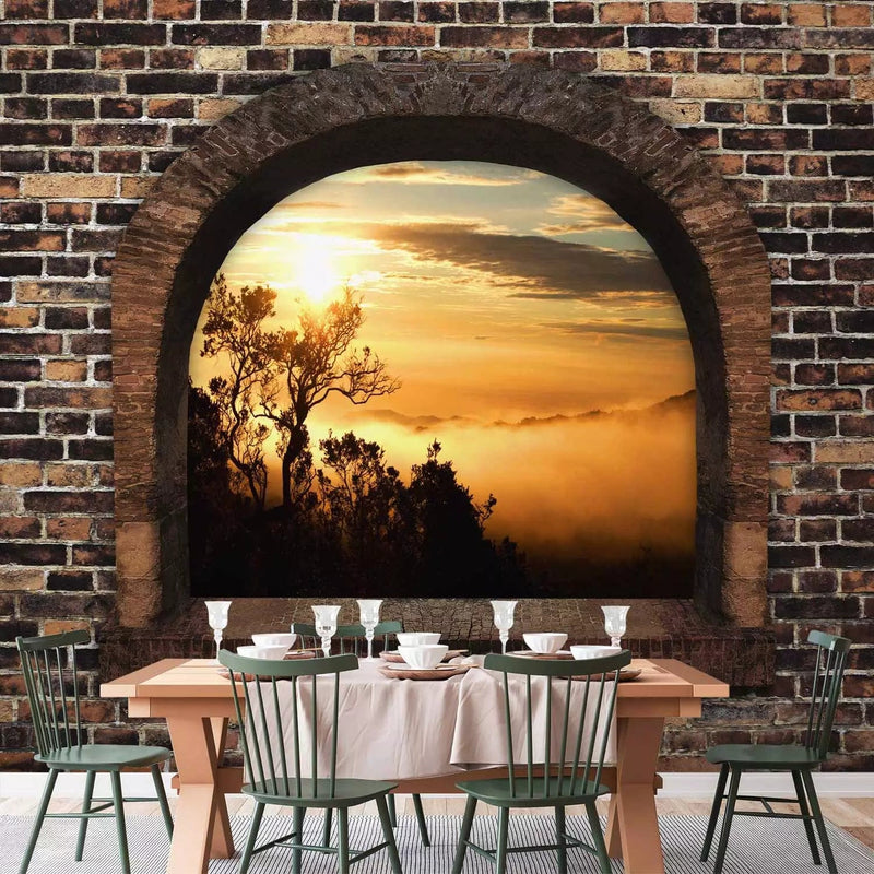 3D Wall Murals with perspective - Stone window: morning fog, brownG-ART