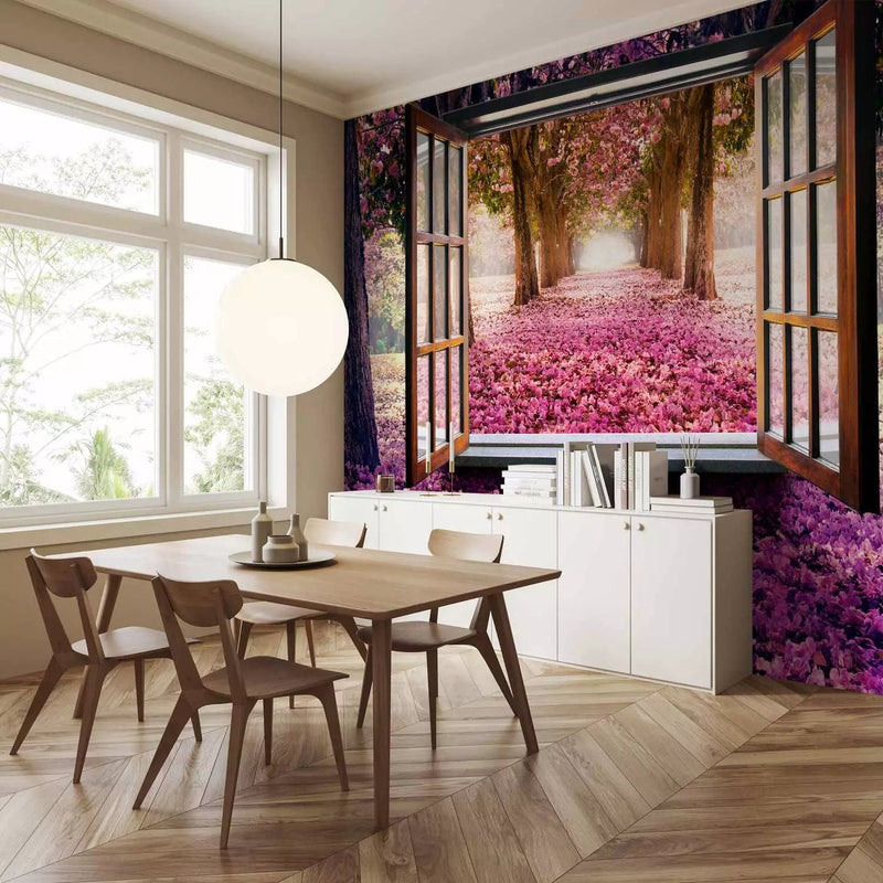 3D Wall Murals - Window view of a purple landscape of trees and flowers, 97319 G-ART