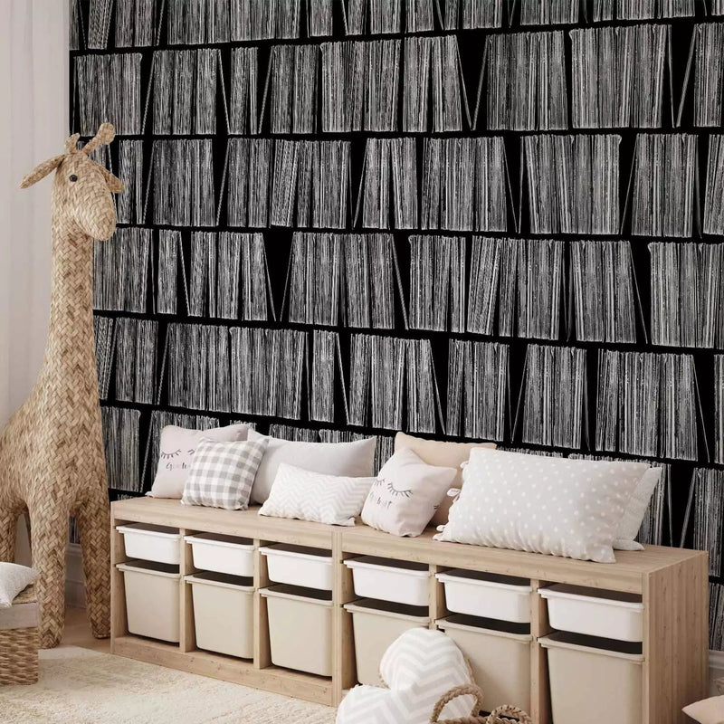 Wallpaper - bookshelf imitation - 3D illusion with black and white lines G-ART