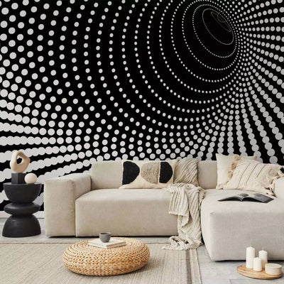 3D Fototapetai su juodai baltu spiraliniu raštu miegamojo interjere G-ART