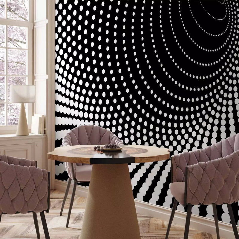 3D Fototapetai su juodai baltu spiraliniu raštu miegamojo interjere G-ART