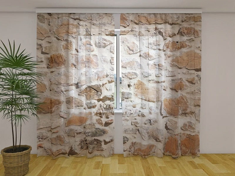 Curtains with stone wall pattern - old brick wall - order online Tapetenshop.lv