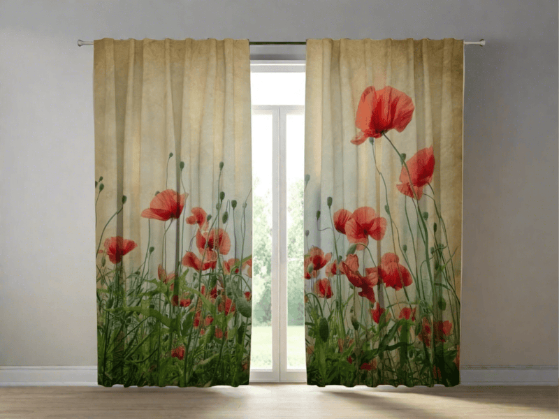 Curtains with poppies on the gold background create a peaceful and relaxing environment on the walletenshop.lv