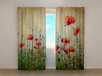 Curtains with poppies on the gold background create a peaceful and relaxing environment on the walletenshop.lv