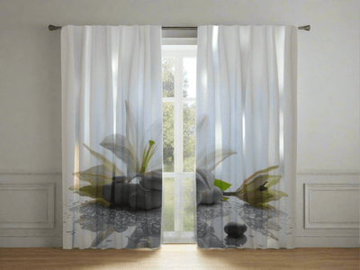 Curtains with lily on a white background - a great choice for a bedroom on Tapetenshop.lv