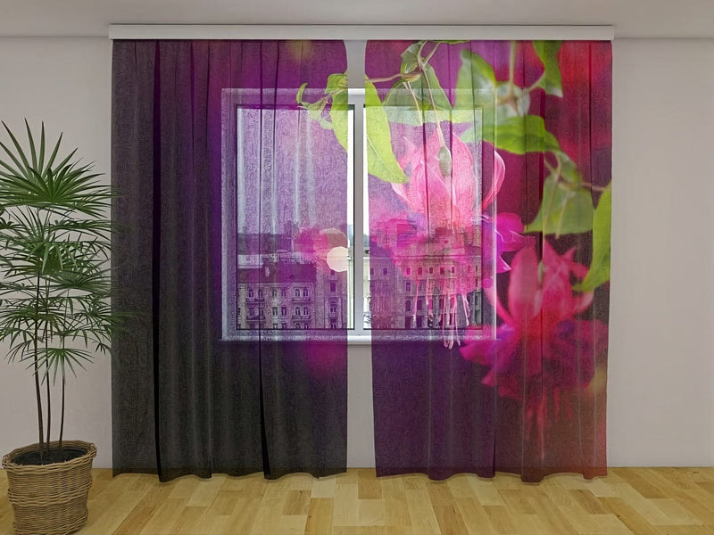 Curtains with flower print in fuchsia color - Flowering fuchsias Tapetenshop.lv