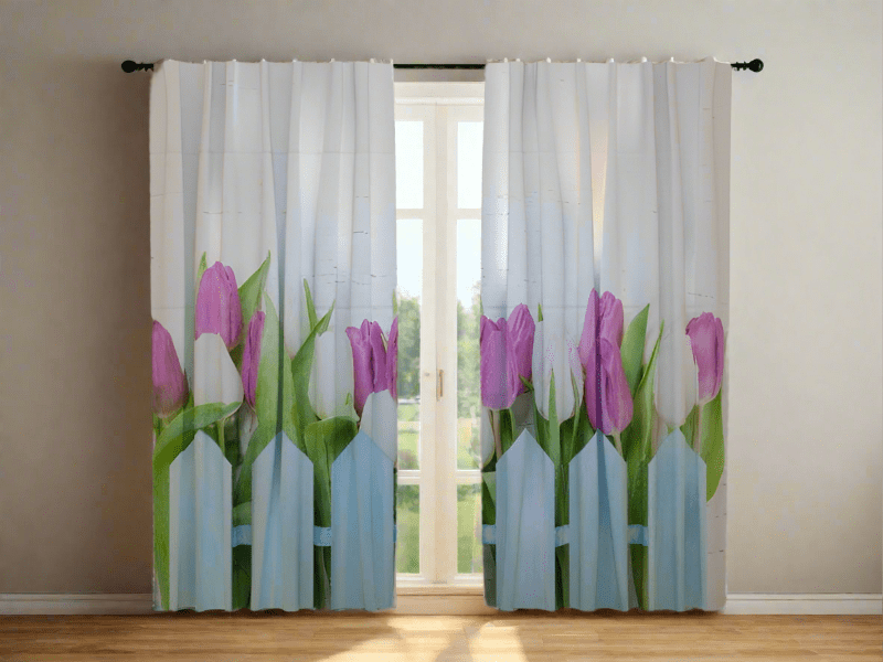 Spring curtains with flowers - bedroom - garden tulips Tapetenshop.lv