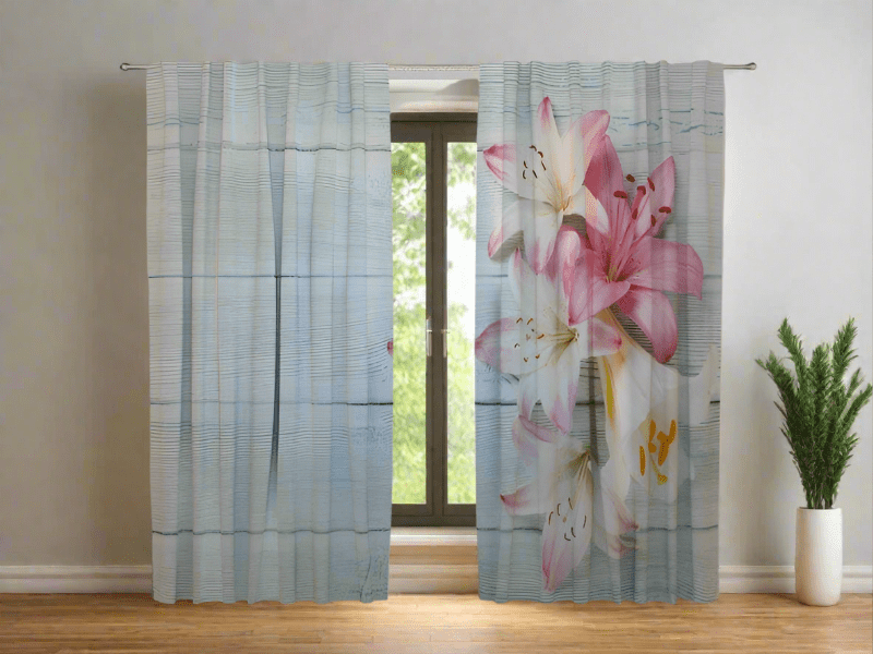 Day and night curtains for room with flowers - colored lilies on wooden wallpetenshop.lv