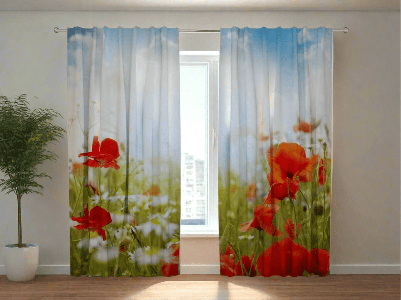 Day and night curtains with nature - red poppies and blue sky on Tapetenshop.lv