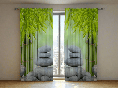 3D curtains with stunning, realistic bamboo and rock pattern on Tapetenshop.lv