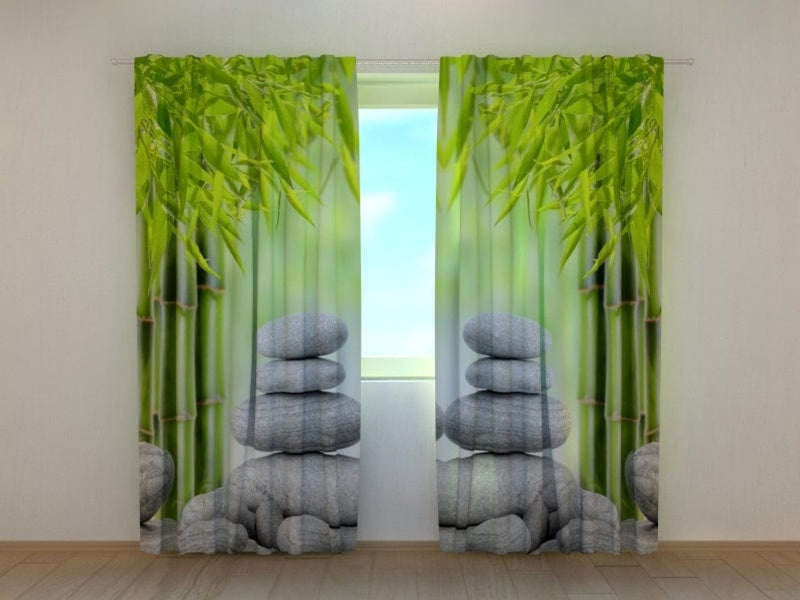 3D curtains with stunning, realistic bamboo and rock pattern on Tapetenshop.lv