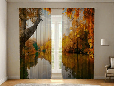 Day and night curtains with autumn - a wonderful autumn orange tones on Tapetenshop.lv