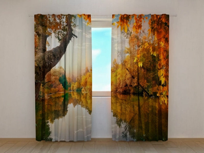 Day and night curtains with autumn - a wonderful autumn orange tones on Tapetenshop.lv