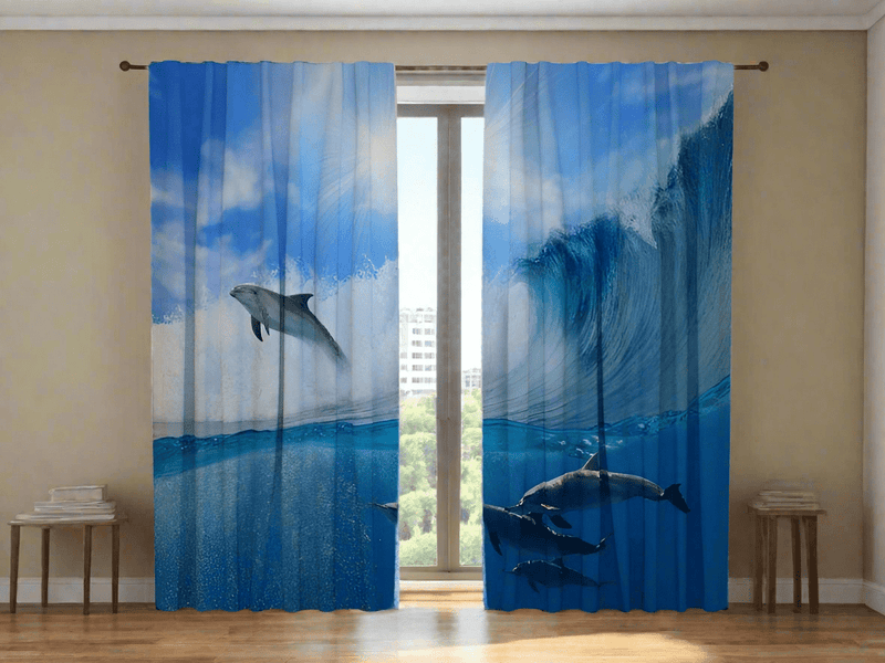 Curtains that depict realistic dolphins and ocean waves in Tapetenshop.lv