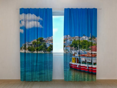 Decorative curtains with print - on the Greece coast - order Tapetenshop.lv