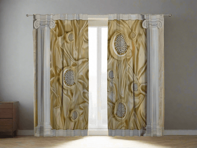 Curtains with Greek columns and silk background from polyester fabric Tapetenshop.lv