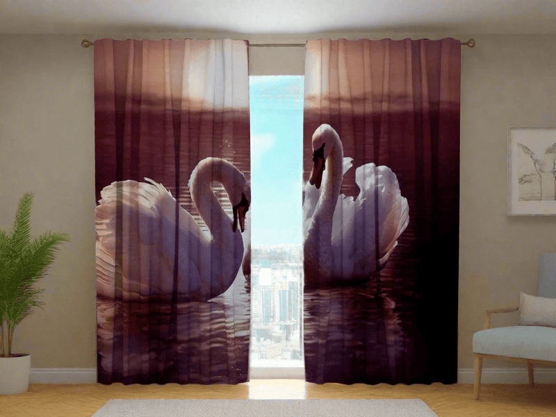 Swan design curtains give the room elegance and peace on Tapetenshop.lv