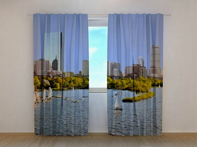 Beautiful curtains with yachts and city view - personalized size on Tapetenshop.lv