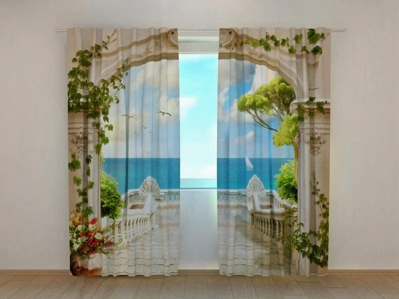 Beautiful 3D curtains with a realistic printed image - sea mirage on Tapetenshop.lv