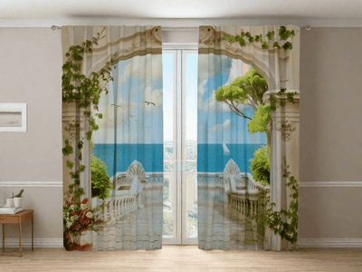 Beautiful 3D curtains with a realistic printed image - sea mirage on Tapetenshop.lv