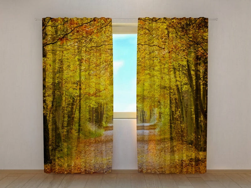 Curtains with a beautiful autumn forest that creates a calm and natural feeling Tapetenshop.lv