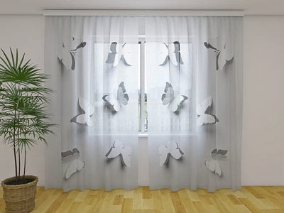 Day and night curtains for the room in light gray shades - paper butterflies on Tapetenshop.lv