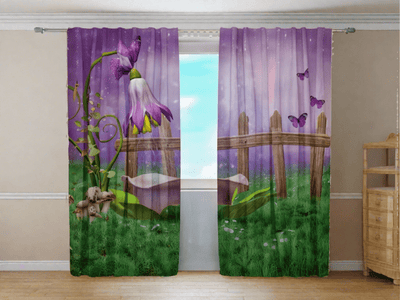 Aizkari bērnu istabai ar pasakainu ainavu violetos toņos - pasūtīt Tapetenshop.lv