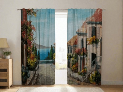 Curtains with houses and a beautiful view of the sea - order by size Tapetenshop.lv