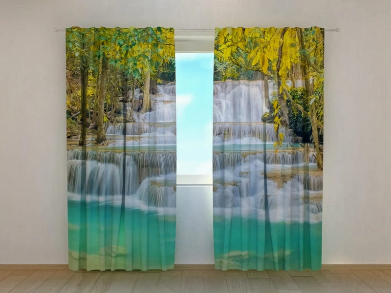 Curtains with autumn landscape and waterfall - order Tapetenshop.lv