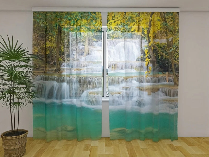 Curtains with autumn landscape and waterfall - order Tapetenshop.lv