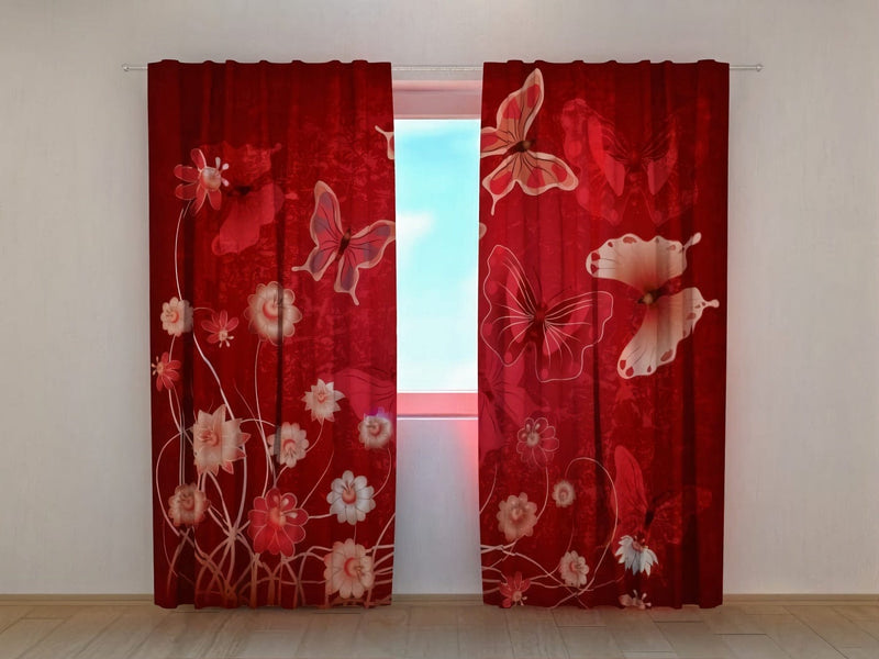 Red curtains with butterflies - give your room a special charm on Tapetenshop.lv