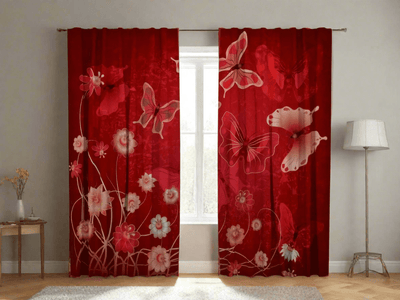 Red curtains with butterflies - give your room a special charm on Tapetenshop.lv